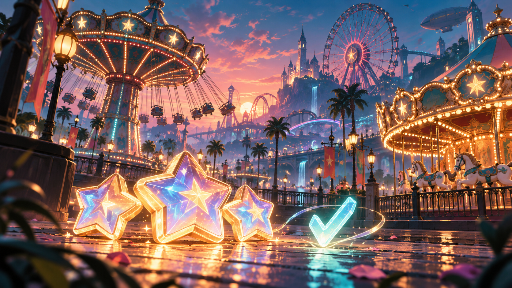 Conceptual amusement park illustration with glowing star tokens