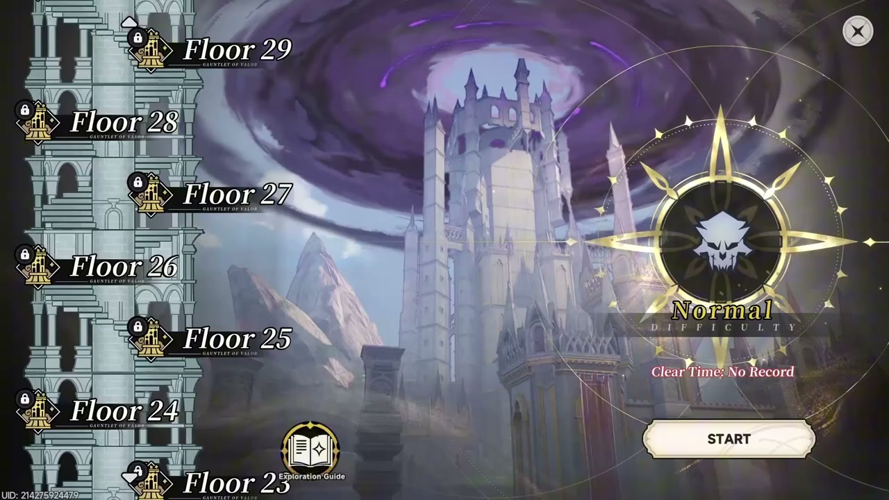 Gauntlet of Valor game floor selector showing floors 24 through 29